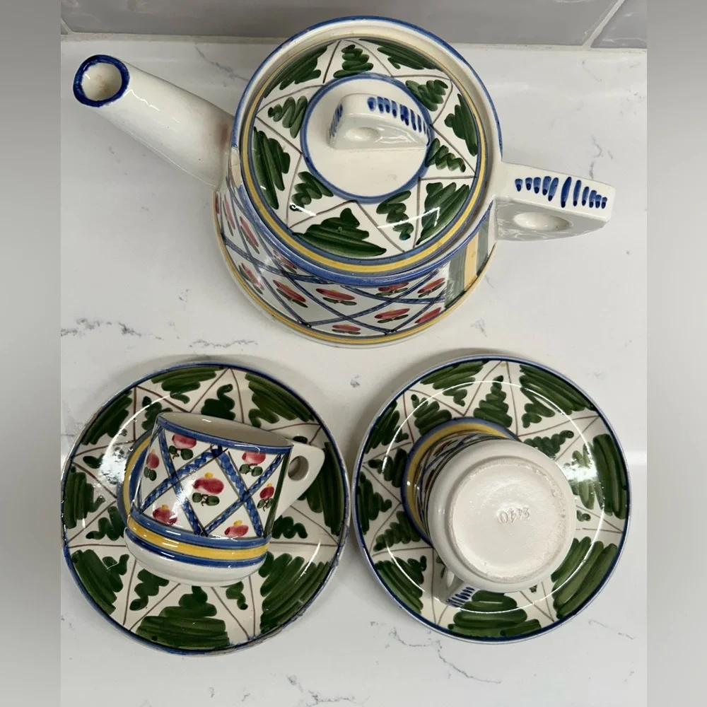 Ceramic Vintage Tea Pot Set w/ Creamer, 2 Cups & Saucers in Green, Red & Yellow